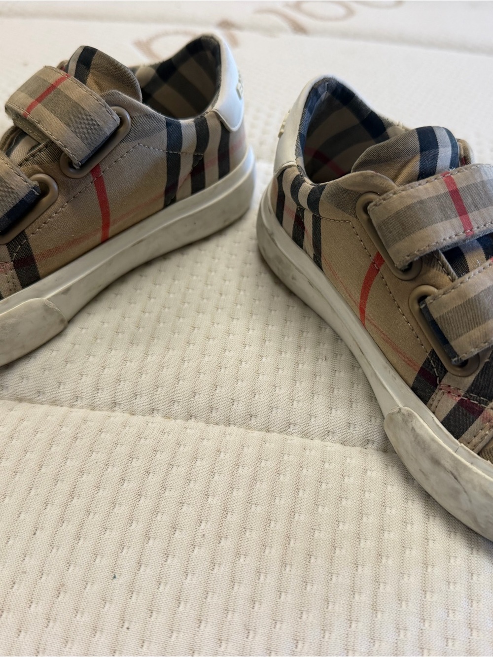 Burberry Kids Plaid Velcro Sneakers in Beige, Black, and Red